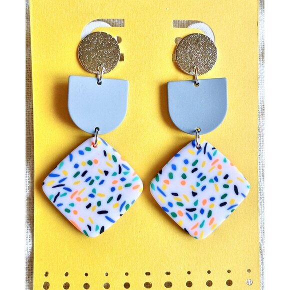 New Blue White Multicolor Dot Geometric Retro 80s Style Matte Earrings - 2.50" - Picture 1 of 5